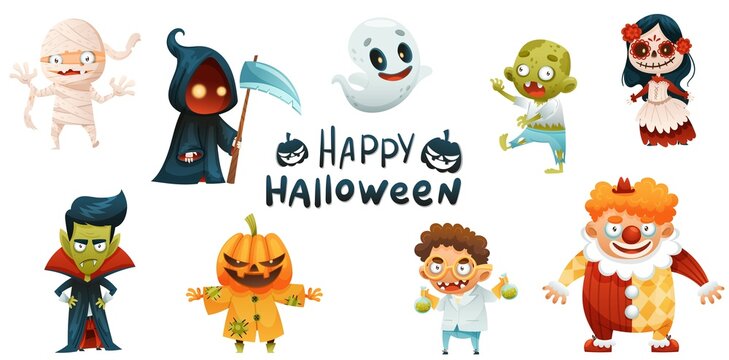 Halloween Characters with Jack o Lantern and Death with Scythe as Holiday Symbol Vector Set
