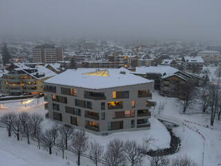 Drone night view at the village of Engelberg in the Swiss alps