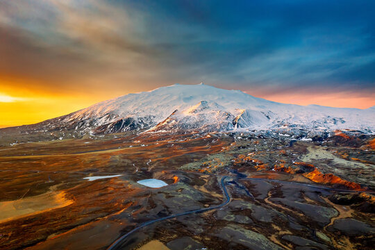 An Aerial View Over Snaefellsjokull Glacier And Hellnar.