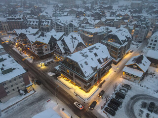 Drone night view at the village of Engelberg in the Swiss alps