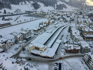 Drone view at the train station of Engelberg in the Swiss alps