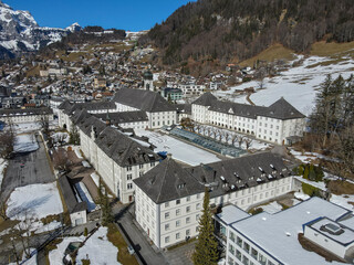 Winter landscape view at the monastery of Engelberg in the Swiss alps