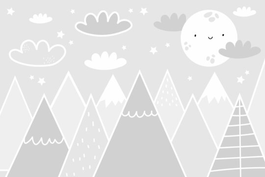 Vector children hand drawn color mountain illustration in scandinavian style. Mountain landscape, clouds and cute moon. Kids wallpaper. Mountainscape, baby room design, wall decor.