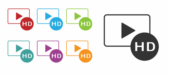 Black Hd movie, tape, frame icon isolated on white background. Set icons colorful. Vector