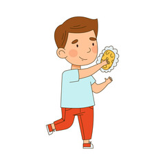 Little Boy with Sponge Rubbing Something Vector Illustration