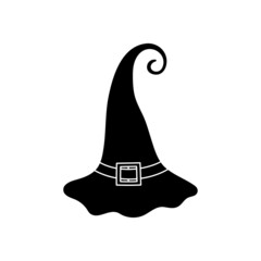 Witch hat vector illustration in simple style. Hand drawn wizard cap for holiday Halloween. Black icon isolated on white background. Scary silhouette magician hat. Accessory for party on Halloween