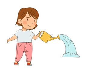 Little Girl with Watering Can Taking Care of Plant and Vegetation Vector Illustration