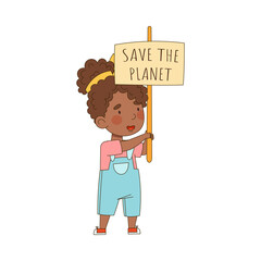 Little African American Girl Holding Placard on Pole with Appeal Saving Planet Vector Illustration