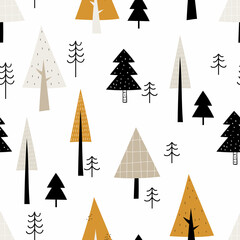 Obraz premium Vector seamless pattern with doodle cute christmas trees on a white background. Cute scandinavian forest background. Nature. Landscape. Creative kids texture for fabric, wrapping, textile, wallpaper.
