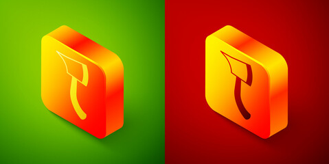 Isometric Firefighter axe icon isolated on green and red background. Fire axe. Square button. Vector