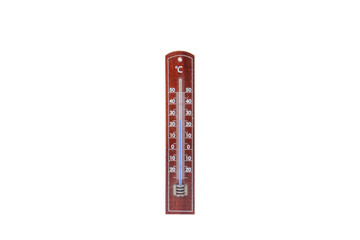 Wooden wall thermometer with blue mercury inside. isolated. White Background.