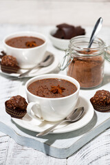 hot chocolate and sweets on white table, vertical