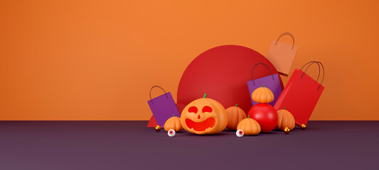halloween sale banner design. halloween pumpkins and shopping bag on orange background for greeting card, banner, poster,blog, article, social media, marketing. 3D illustration