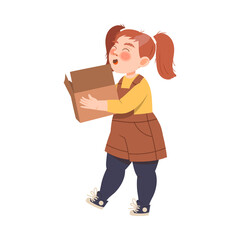 Little Girl with Ponytail Carrying Cardboard Box for Recycling Saving Earth Taking Care of Nature and Environment Vector Illustration