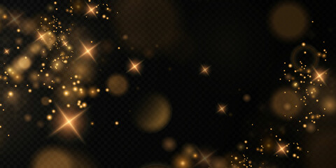 Bokeh light lights effect background. Christmas background of shining dust Christmas glowing bokeh confetti and spark overlay texture for your design. Gold dust PNG.