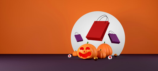 halloween sale banner design. halloween pumpkins and shopping bag on orange background for greeting card, banner, poster,blog, article, social media, marketing. 3D illustration