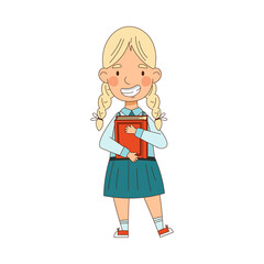 Back to School with Blond Girl in Blue Uniform Holding Book Vector Illustration