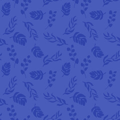 Leaves seamless pattern on blue background. Endless nature backdrop with tropical leaf. Cute vector illustration.