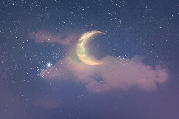 Beautiful night sky background psd with half moon and stars