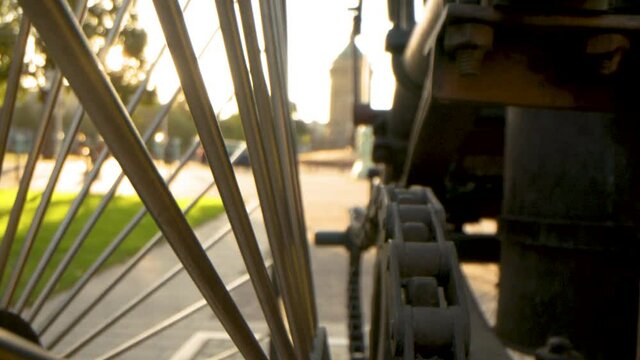 Close up vintage car in sunset, pull out shot