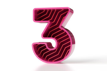 Tech style typography collection. 3D glossy number 3 with zigzag decorative pattern lines. High resolution 3D rendering.