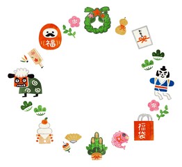 年賀状・縁起物のイラスト素材のフレーム　丸