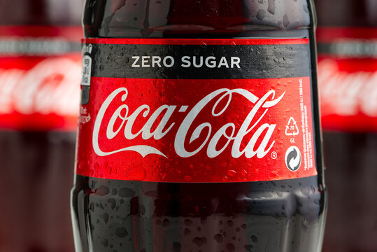 Tallinn, Estonia - 12.02.21 . A bottle of Coca Cola soft drinks. CocaCola Zero shugar label on glass bottle.