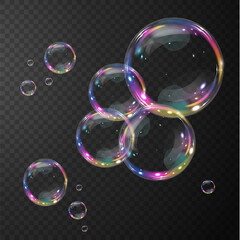  Bubble PNG. Set of realistic soap bubbles. Bubbles are located on a transparent background. Vector flying soap bubbles. Water glass bubble realistic png	 - obrazy, fototapety, plakaty