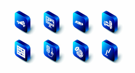 Set Diagnostics condition of car, Car headlight, transporter truck, Windscreen wiper, brake disk with caliper, key remote, settings and Auto service check automotive icon. Vector