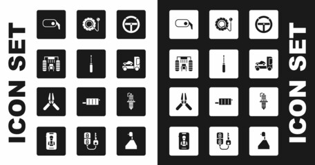 Set Steering wheel, Screwdriver, Car wash, rearview mirror, transporter truck, Tire pressure gauge, spark plug and battery jumper power cable icon. Vector