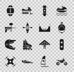 Set Mountain bike, Snowboard, Helmet and action camera, Longboard or skateboard, Kayak canoe, Paintball gun, Rugby and Skate park icon. Vector