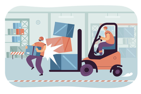 Warehouse accident flat vector illustration. Cartoon employee carrying box, getting injured in collision with forklift operated by another worker. Factory, risk, insurance, compensation concept