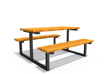 3D realistic render of garden furniture. Modern wooden picnic table isolated on white background