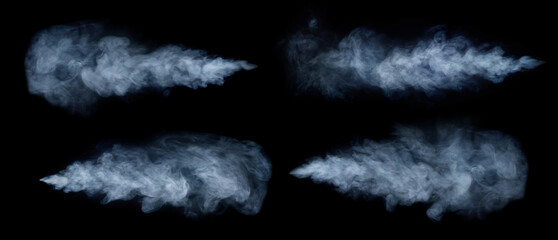 Fog, steam, smoke set isolated on black background. White cloudiness, mist or smog background.