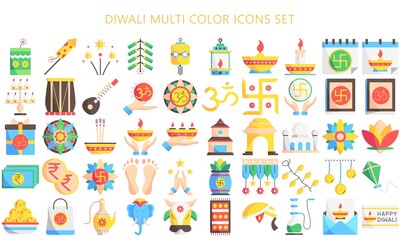 Diwali multi color icons set. Included icons as Deepavali celebrate, light festival, candle, lamp, Hindu celebration more. Used for modern concepts, web, UI or UX kit and applications, EPS 10.