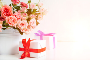 Bouquet of pink roses and boxes with gifts