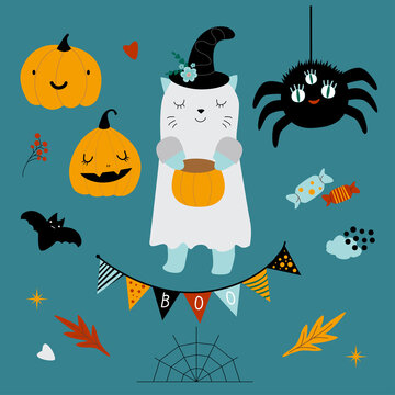 Cute halloween set, childish character cat in ghost costume with funny pumpkin, spider, web, bat, candy, heart, flags. Vector illustration in flat style
