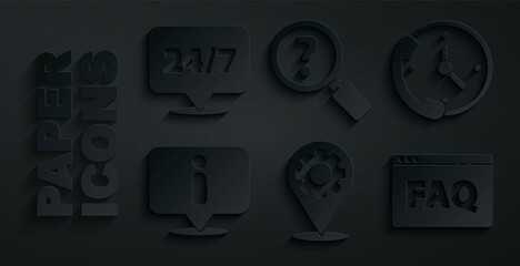 Set Location with gear, Telephone 24 hours support, Information, Browser FAQ, Unknown search and Clock icon. Vector