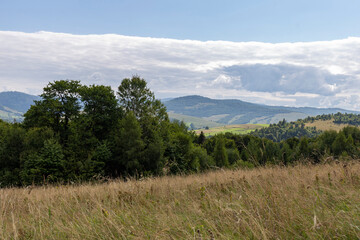 Verkhovyna Watershed Range, Pikui Mountain. Carpathian mountains with grassy slopes and rocks on Pikuy mount. Beautiful mountain landscape in summer. Mountain summer landscape. photo wall-paper.