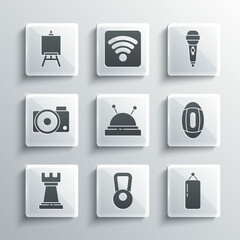 Set Kettlebell, Punching bag, American Football ball, Needle bed and needles, Business strategy, Photo camera, Easel or painting art boards and Microphone icon. Vector
