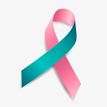 Pink and teal ribbon awareness BRCA1 (Breast Cancer), Ovarian and Breast Cancer (Combined). Isolated on white background. Vector  illustration.