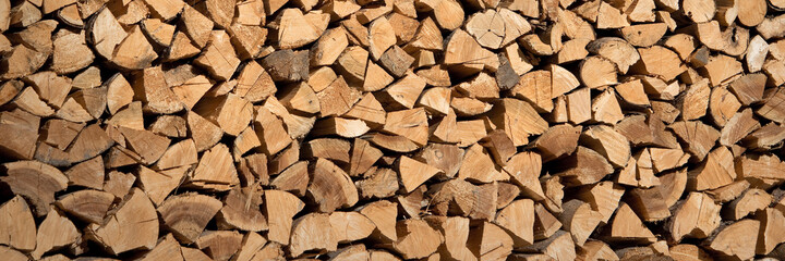 Stack of wood logs, wooden abstract panoramic background
