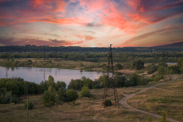 Obraz premium beautiful lake landscape at sunset