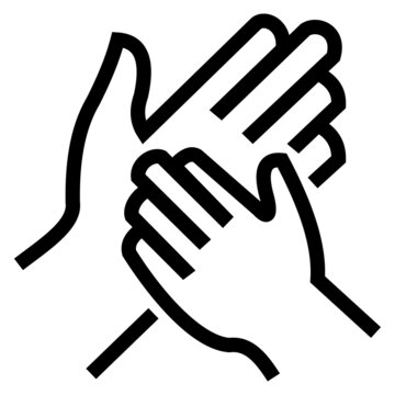 Small hand icon clapping a bigger hand, stroke line drawing style, black and white color.