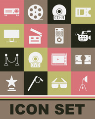 Set Movie spotlight, Stacks paper money cash, Cinema camera, CD or DVD disk, clapper, Smart Tv, Movie, film, media projector and Remote control icon. Vector
