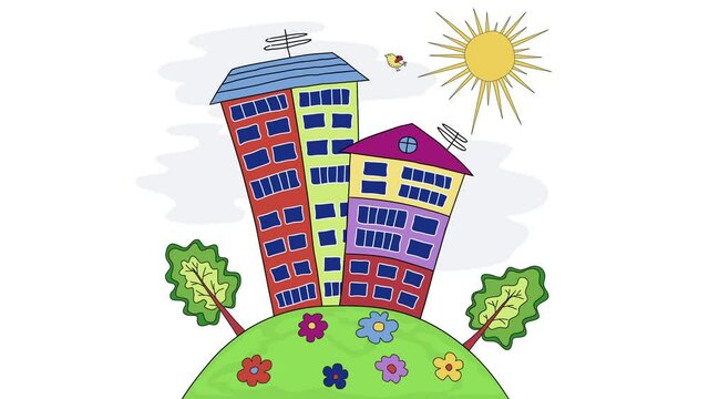 Сartoon city town with green trees, buildings, sun, flowers. Summer cityscape. Cute, fun, bright animation in the children's style. Colorful scene for web design. Video 2D.