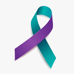 Teal and purple ribbon awareness Domestic Violence, Sexual Assault, Suicide, Surviving Family Members of Suicide. Isolated on white background. Vector  illustration. - obrazy, fototapety, plakaty