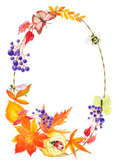 Watercolor autumn frame. A wreath of hand-painted red and yellow leaves and wild berries .Cute insects on the leaves.Butterfly, dragonfly, bee.Suitable for the design of wedding frames, invitations .