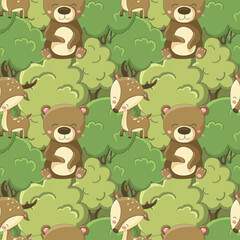 Seamless childish cartoon pattern kids deers and bear on green background with many trees