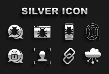 Set Face recognition, Fingerprint, Internet of things, Chain link, Cyber security, System bug mobile, and icon. Vector